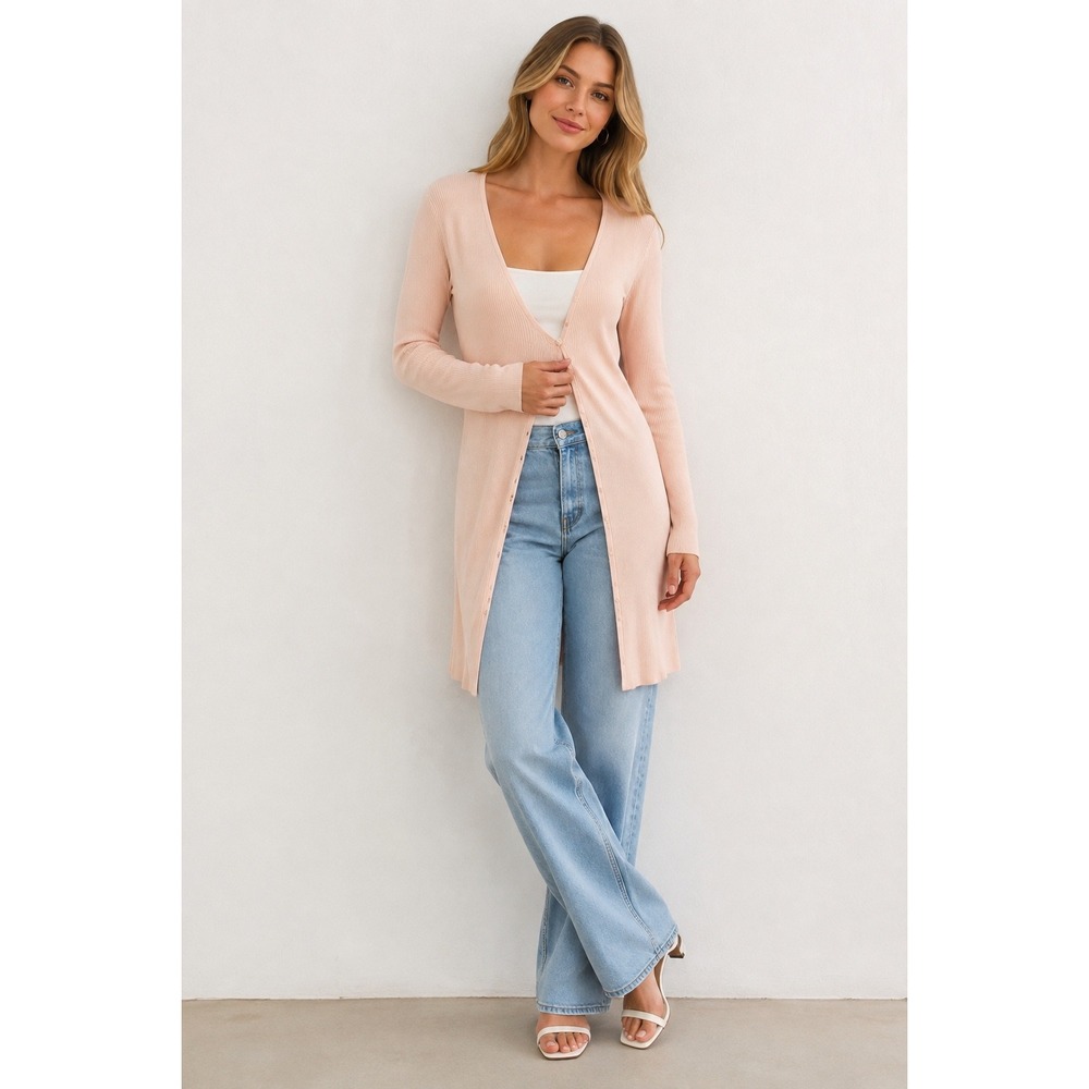 Lauren Ralph Lauren Peach Pink 100% Silk Ribbed Longline Cardigan Sweater XL